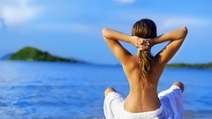 Water woman back sitting Beaches skirts nude hips topless white 