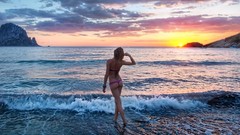 Water woman Beaches blondes brunettes bikini