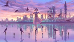 Water woman Birds skies artwork towns