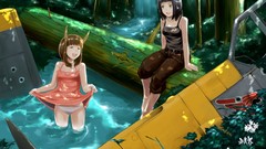 Water woman brown horns anime girls black hair forests 