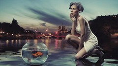 Water woman fish aquarium Bridges white dress cityscapes high 