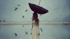Water woman head Umbrellas white dress