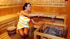 Water woman Sauna Wood brunettes towels hotels