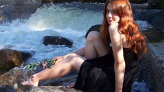 Water woman sitting smiling rivers black dress redheads The 