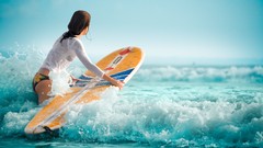 Water woman surfing wet
