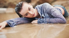 Water woman wet Beaches shirts green eyes brunettes