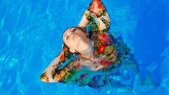 Water woman wet closed eyes models arms raised swimming pools 