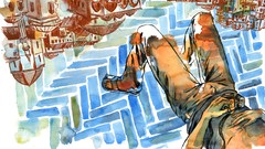 Watercolor paintings Cameras buildings legs upside down sandals 