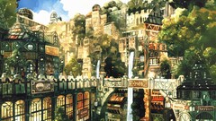 waterfall hot air balloons Anime fantasy city moescape