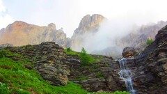 waterfall Mountains mist clouds rock water Alps photography