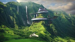 waterfall science fiction digital art futuristic building