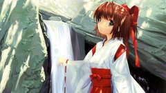 Waterfalls anime girls miko hair bow
