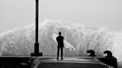 waves Sea monochrome surfers pier splashes surfboards Men