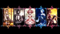 Weapons Anime black background red eyes Swords skirts blue hair 