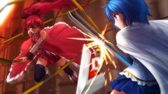 Weapons Anime Fighting red eyes Swords spears skirts blue hair 