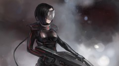 Weapons anime girls short hair black hair futuristic bodysuits