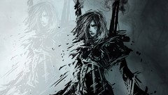 Weapons Anime green eyes standing battles weaponry artwork 