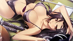 Weapons Anime navel red eyes Swords blush long hair lingerie 