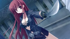 Weapons Anime red eyes Swords outdoors skirts long hair 