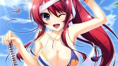 Weapons Anime Swords wink ponytails redheads cleavage bikini
