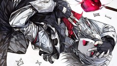 Weapons apples teeth dress Knives white hair red eyes gloves 