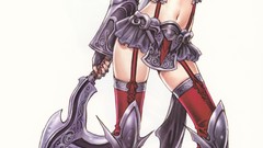 Weapons armor navel anime girls boots purple hair artwork Axes 