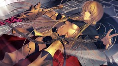 Weapons armor navel red eyes Swords earrings chains blondes 