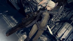 Weapons armor navel white hair buildings smiling long hair gray 