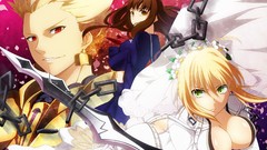 Weapons armor red eyes long hair green eyes brown eyes fate 