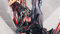 Weapons armor red eyes smirk long hair anime girls bare 