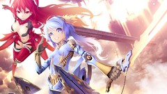 Weapons armor red eyes Swords blue hair anime girls blue eyes 