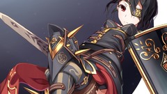 Weapons armor red eyes Swords shields anime girls black hair 