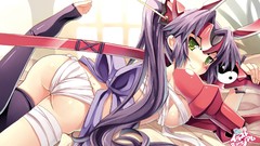 Weapons armor Swords blush long hair green eyes ponytails 