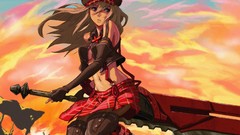 Weapons brown hats Swords skirts multicolor long hair anime 