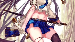 Weapons brown red eyes Swords skulls skirts long hair anime 
