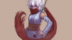 Weapons brown white hair red eyes Swords scarfs anime girls 