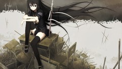 Weapons chairs ruins long hair anime girls school uniforms 