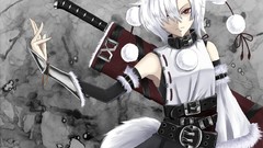 Weapons collar hats armor white hair red eyes Swords belts 