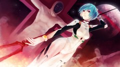 Weapons cross red eyes lance planets spears blue hair anime 