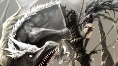 Weapons Dragons fight armor chains anime girls blue eyes black 