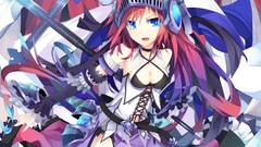 Weapons dress armor anime girls blue eyes redheads cleavage