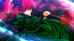 Weapons dress Bells fireflies grin staff red eyes Ribbons bows 