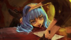 Weapons dress Bound Knives tongue blue hair long hair gray eyes 