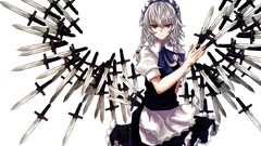 Weapons dress Knives white hair red eyes bows maids short hair 