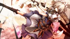 Weapons dress Knives white hair red eyes gloves chains belts 