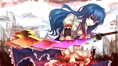 Weapons dress red eyes Swords multicolor blue hair anime girls 
