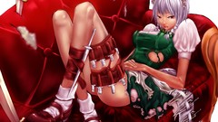 Weapons dress socks Knives red eyes bows couch anime girls 