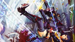 Weapons feathers red eyes falling blue hair long hair anime 