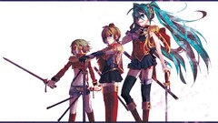 Weapons glasses Shorts Swords blondes skirts long hair blue 