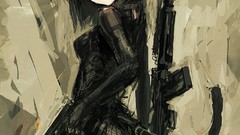 Weapons gloves pistols skirts long hair anime girls brown eyes 